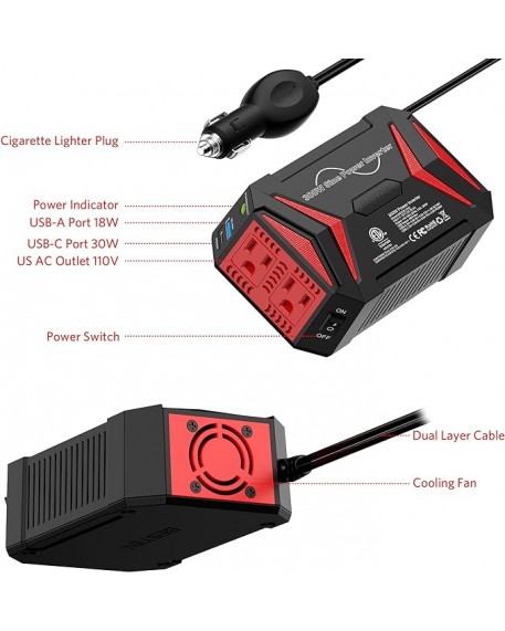 BESTEK 300Watt Pure Sine Wave Power Inverter with PD 30W USB-C QC18W USB Ports DC 12V to AC 110V